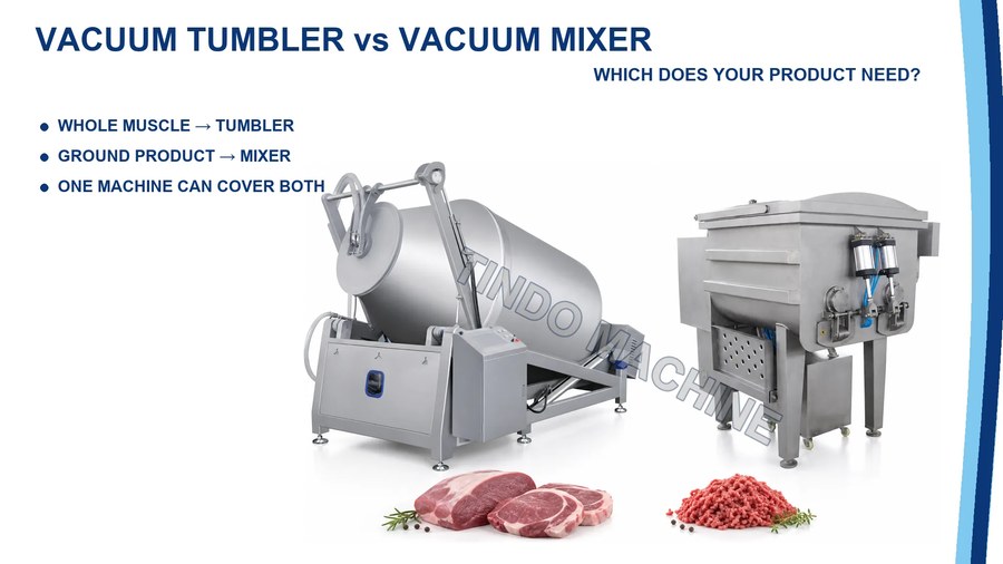 A TINDO vacuum tumbler and vacuum mixer shown side by side to compare drum tumbling with paddle mixing.