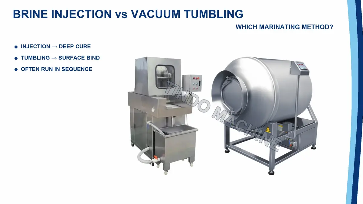 TINDO ZSJ brine injector and GR vacuum tumbler shown side by side, comparing needle injection with vacuum tumbling as marinating methods for meat.