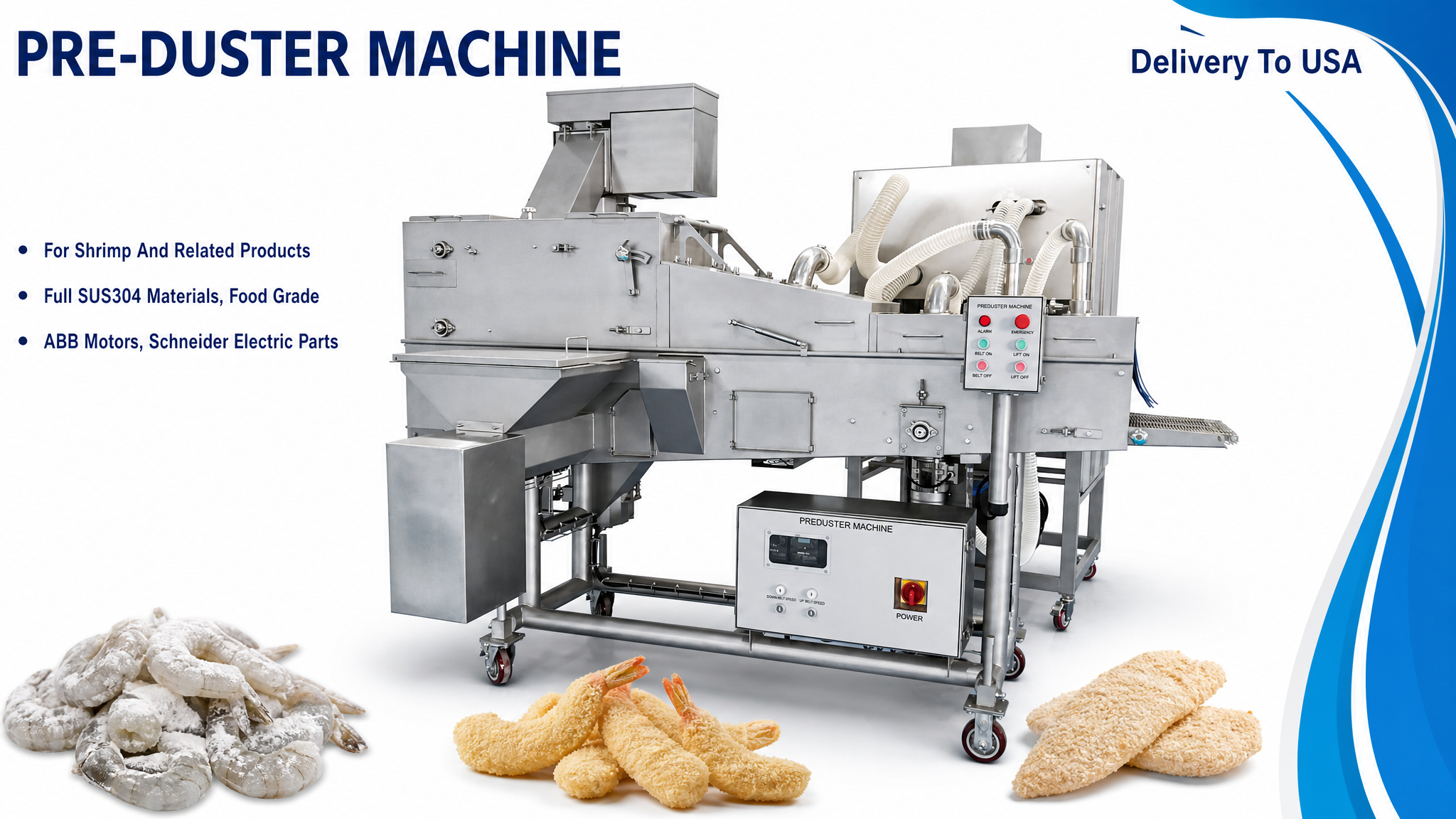 FLU400 preduster shrimp flouring machine dust collection vibrating conveyor Schneider ABB 480V TINDO USA