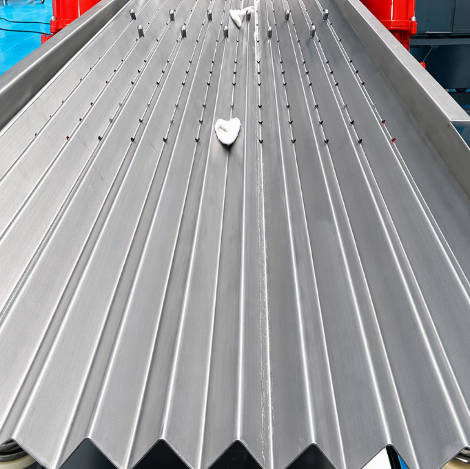 Vibrating conveyor aligning peeled shrimp in neat rows downstream coating line TINDO