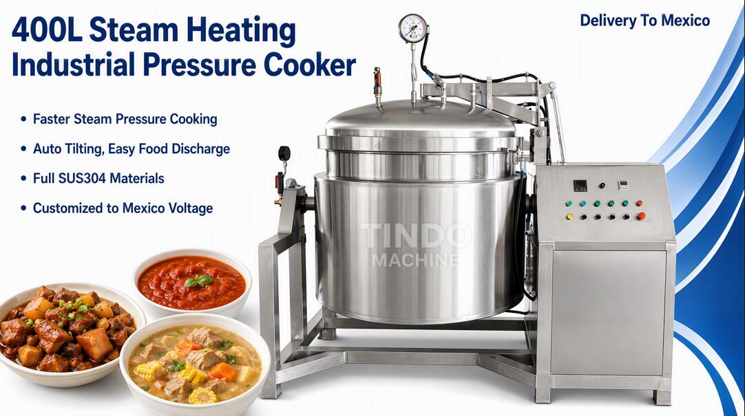 400L steam heating industrial pressure cooker SS304 5mm bowl hydraulic tilting TINDO Mexico.jpg