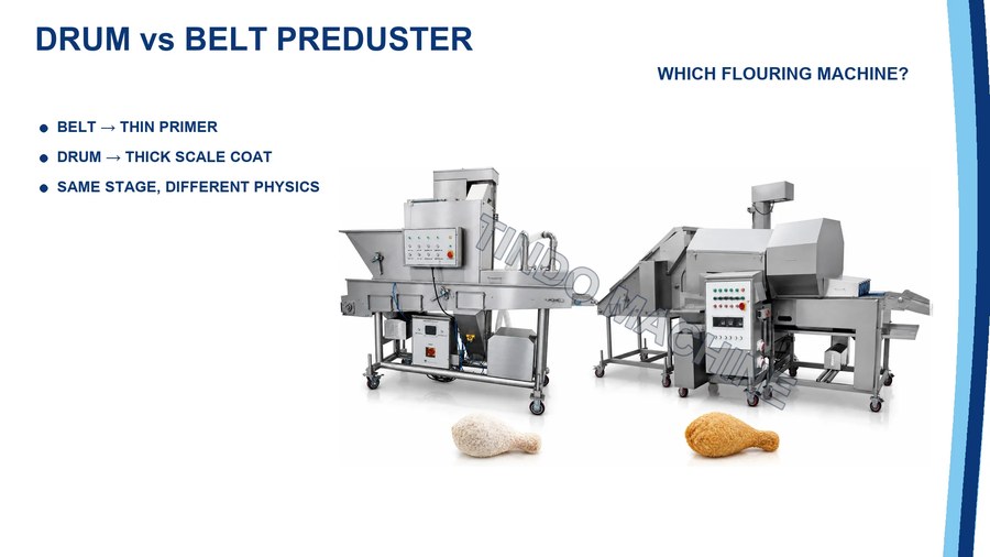 A TINDO belt preduster and a double-drum preduster shown side by side to compare flour coating methods.
