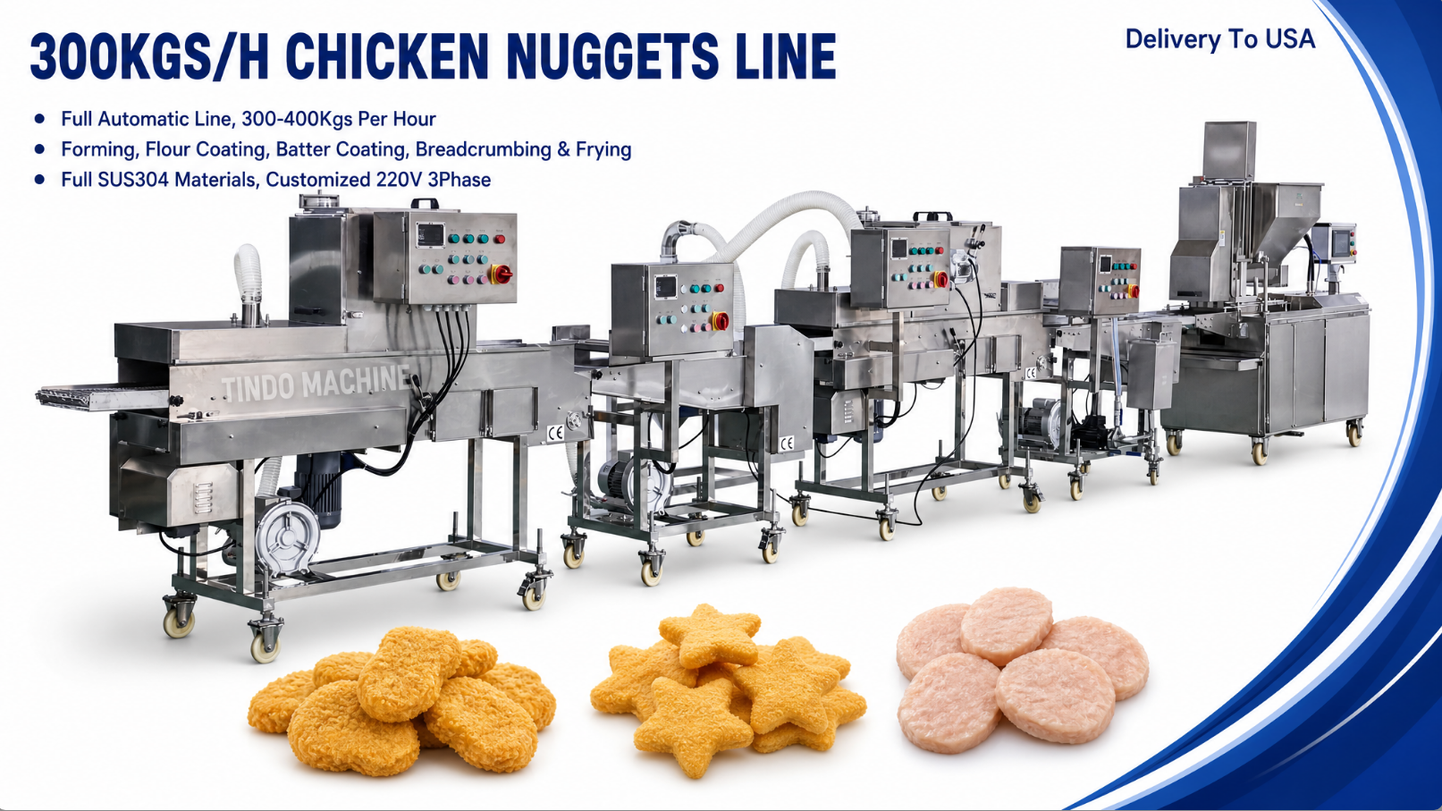 300kg/h modular chicken nuggets line forming flour coating batter breading frying full SUS304 TINDO USA delivery