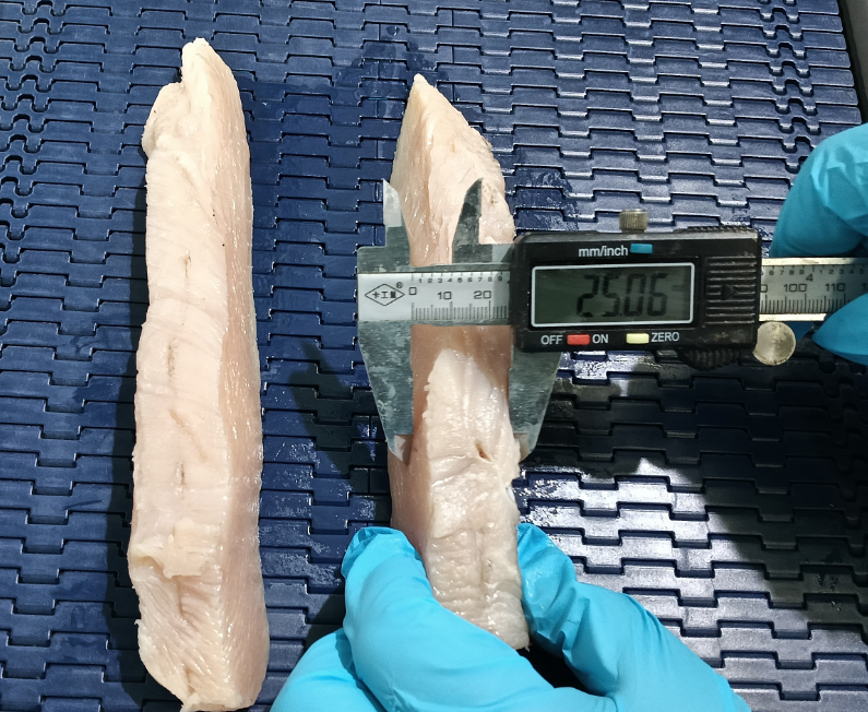 Fresh chicken breast cut into uniform 25mm strips by multi-blade strip cutter